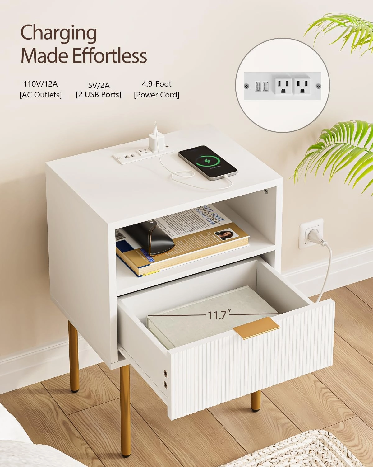 Nightstand,Small Bedside Table with Gold Frame,White Night Stand,Bedside Furniture,Side Table with Drawer and Shelf for Bedroom,Living Room (Modern-Stripe, White-1drawer-Outlet)
