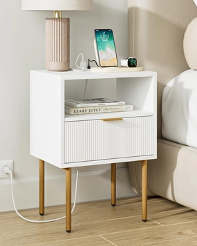 Nightstand,Small Bedside Table with Gold Frame,White Night Stand,Bedside Furniture,Side Table with Drawer and Shelf for Bedroom,Living Room (Modern-Stripe, White-1drawer-Outlet)
