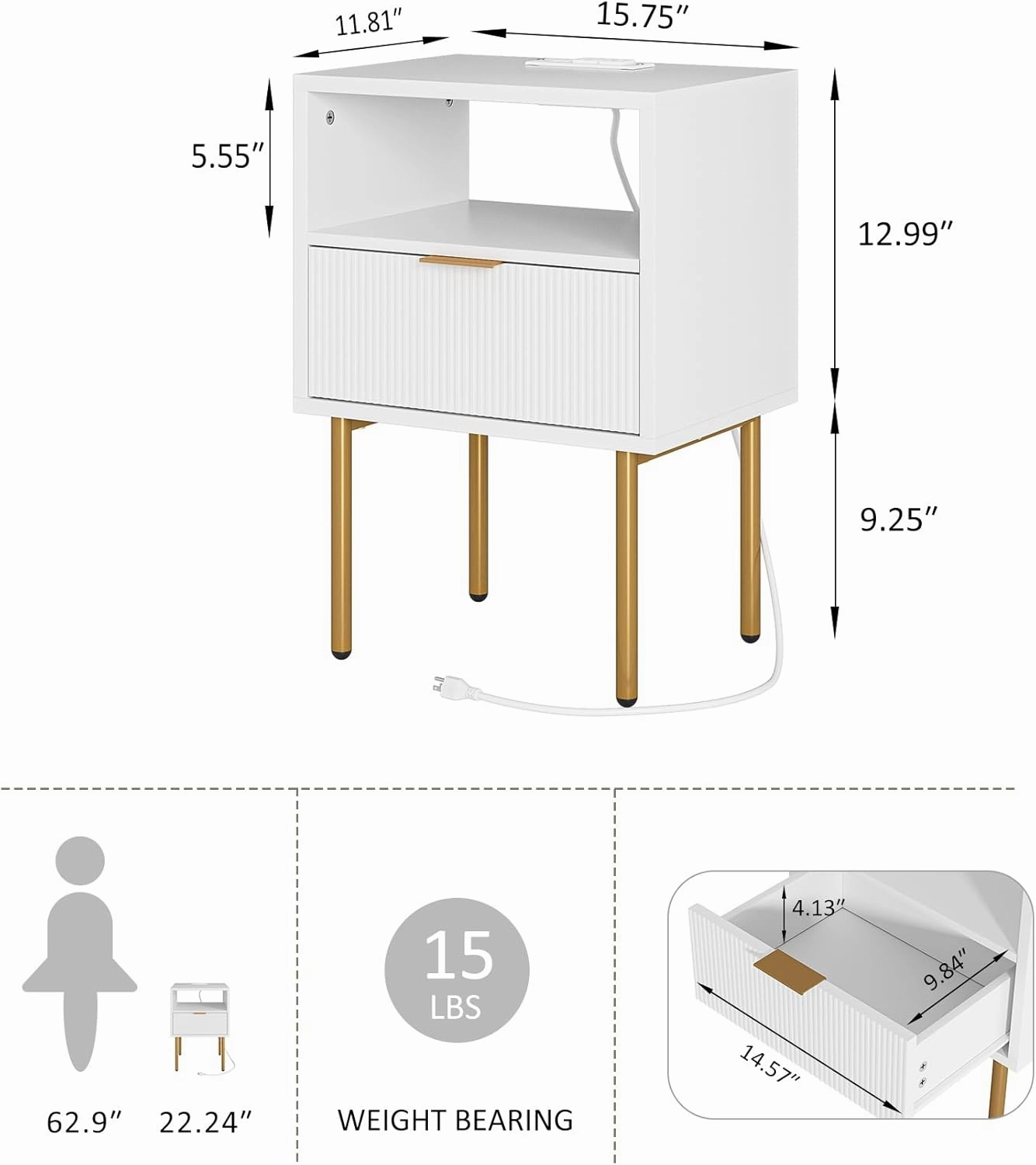 Nightstand,Small Bedside Table with Gold Frame,White Night Stand,Bedside Furniture,Side Table with Drawer and Shelf for Bedroom,Living Room (Modern-Stripe, White-1drawer-Outlet)