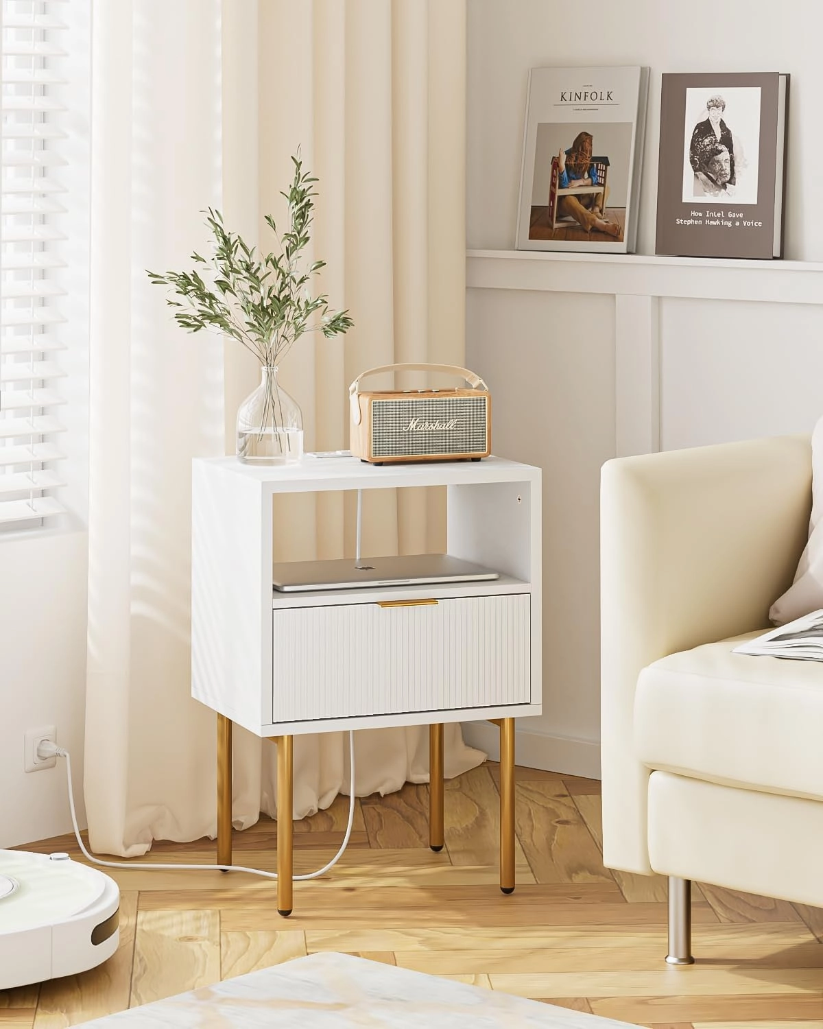 Nightstand,Small Bedside Table with Gold Frame,White Night Stand,Bedside Furniture,Side Table with Drawer and Shelf for Bedroom,Living Room (Modern-Stripe, White-1drawer-Outlet)