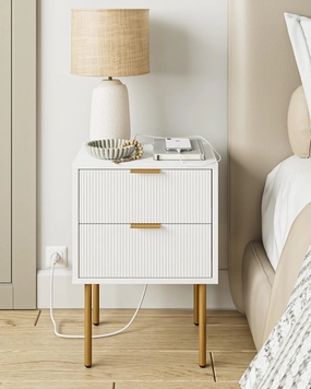 Nightstand,Small Bedside Table with Gold Frame,White Night Stand,Bedside Furniture,Side Table with Drawer and Shelf for Bedroom,Living Room (Modern-Stripe, White-2Drawers-Outlet)
