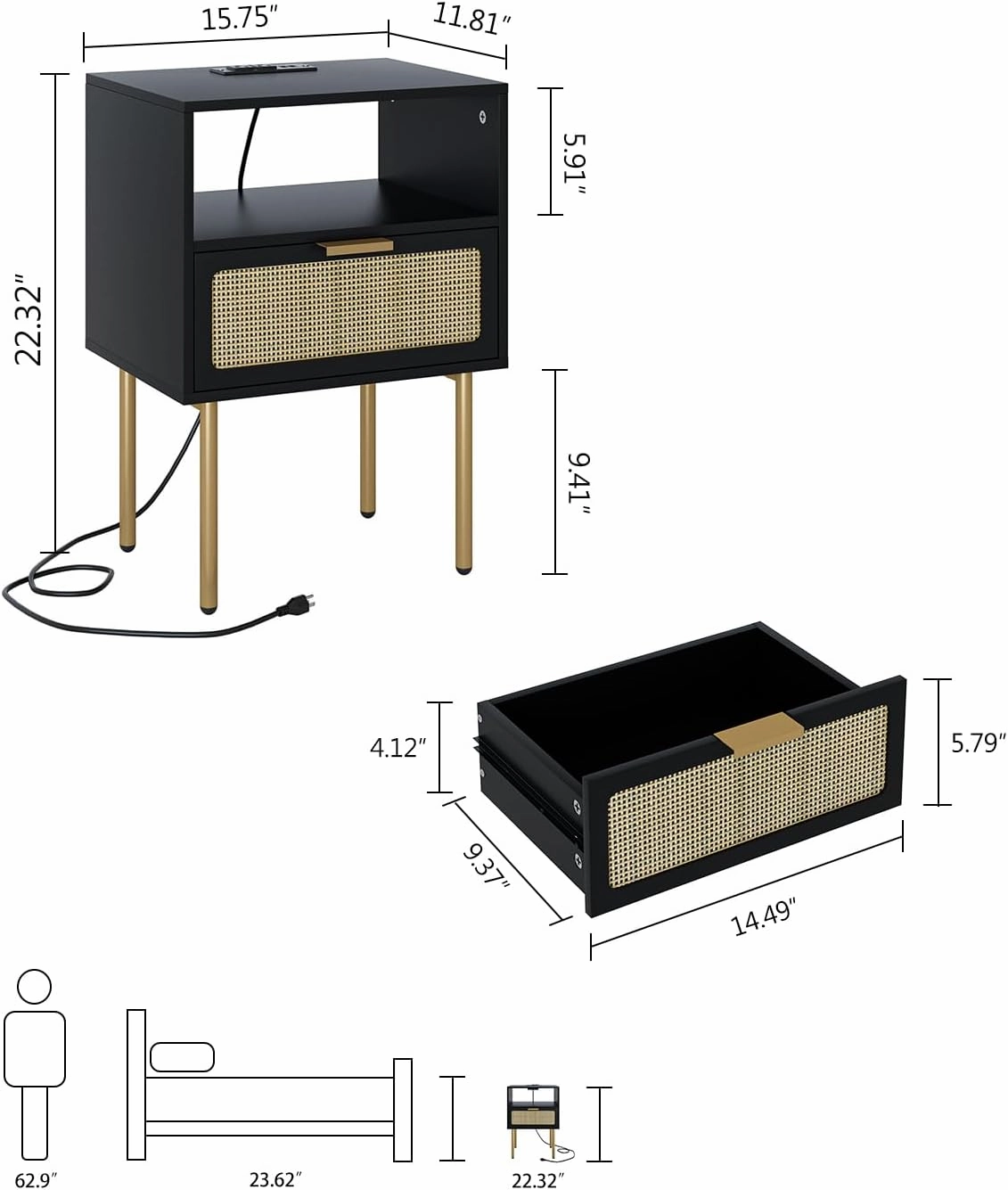 Nightstand with Charging Station, Small Side Table, Modern Night Stand with Drawers, Bedside Table for Bedroom, Living Room End Table, Black Rattan