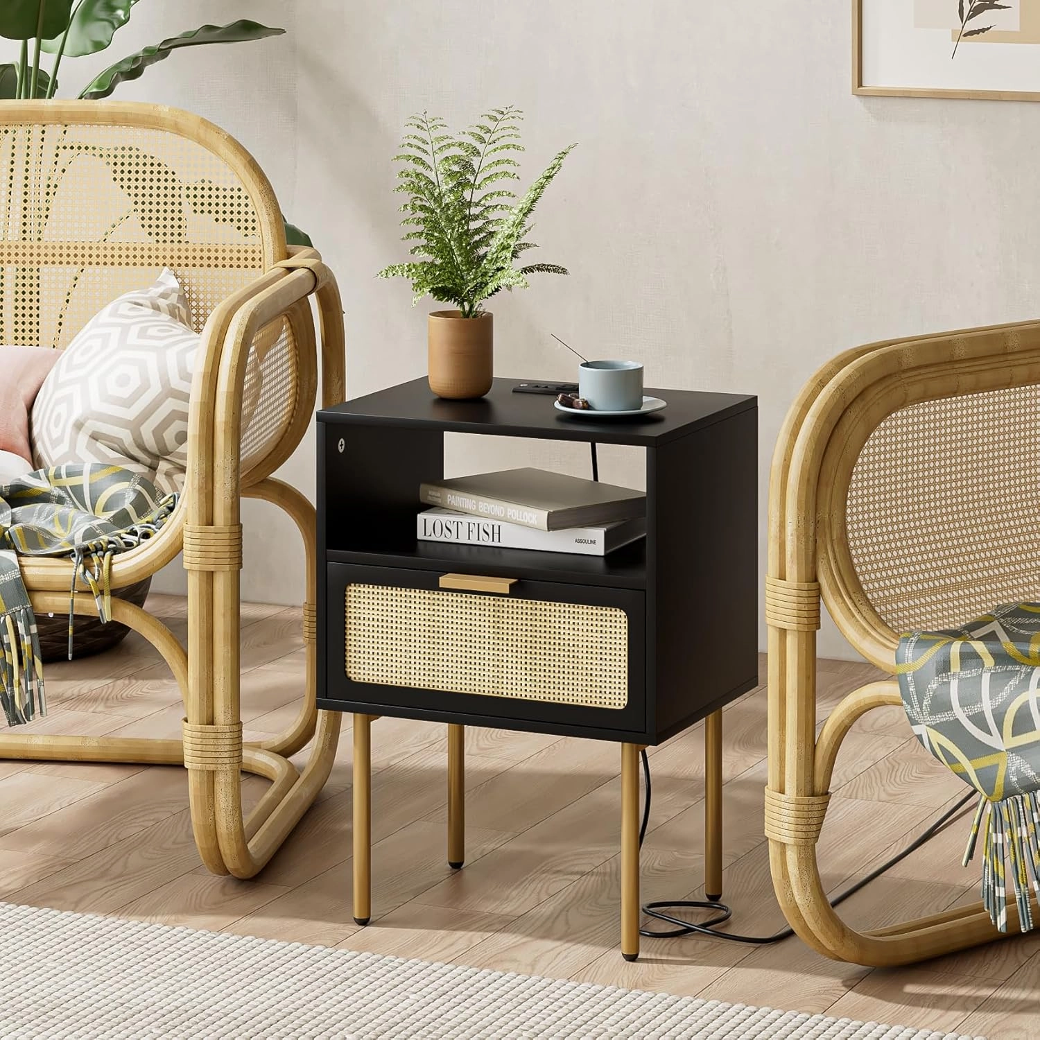 Nightstand with Charging Station, Small Side Table, Modern Night Stand with Drawers, Bedside Table for Bedroom, Living Room End Table, Black Rattan