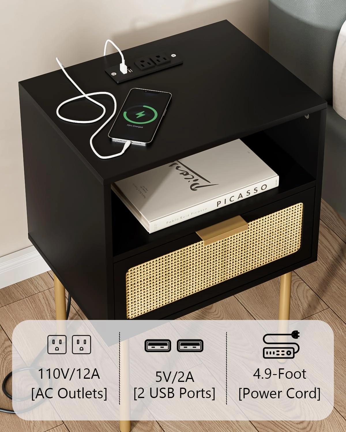 Nightstand with Charging Station, Small Side Table, Modern Night Stand with Drawers, Bedside Table for Bedroom, Living Room End Table, Black Rattan