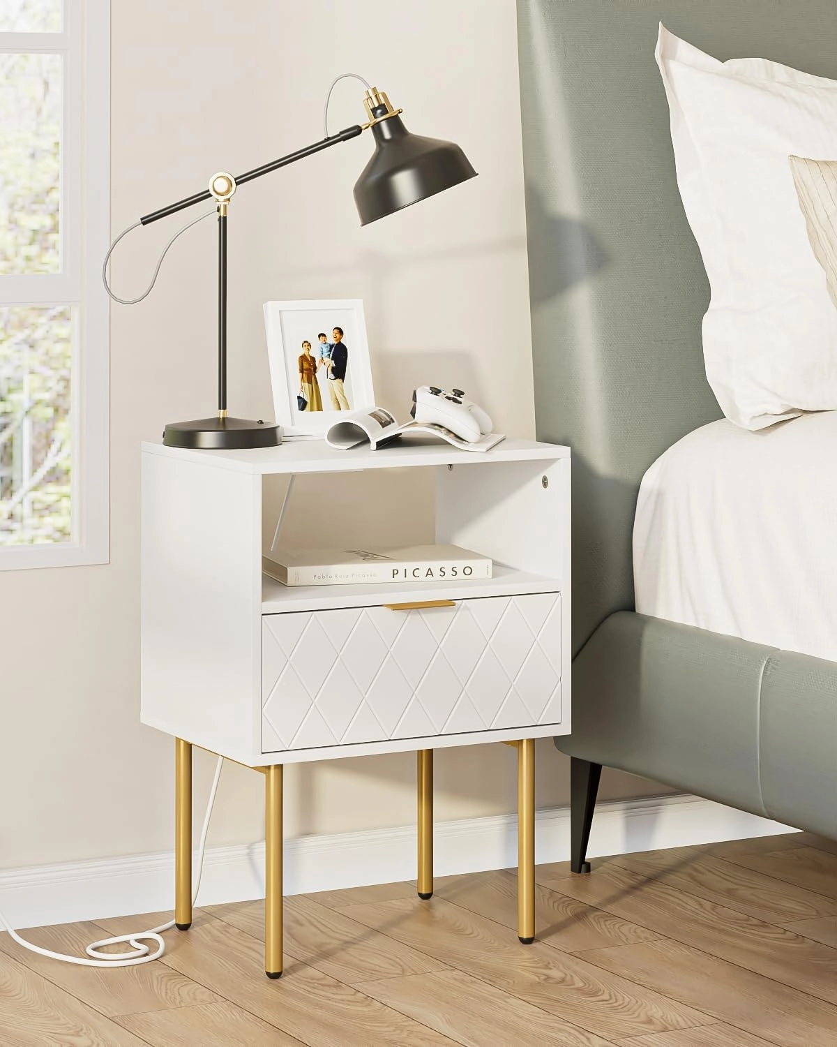 Nightstand with Charging Station, Small Side Table, Modern Night Stand with Drawers, Bedside Table for Bedroom, Living Room End Table, White Diamond