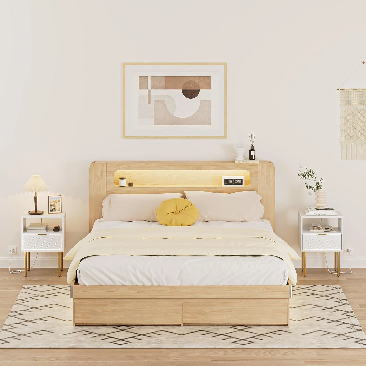 Nightstand with Charging Station, Small Side Table, Modern Night Stand with Drawers, Bedside Table for Bedroom, Living Room End Table, White Diamond