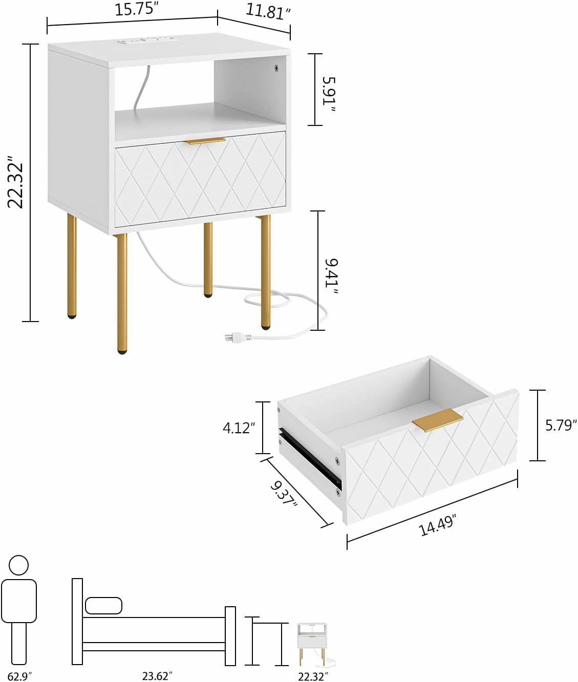 Nightstand with Charging Station, Small Side Table, Modern Night Stand with Drawers, Bedside Table for Bedroom, Living Room End Table, White Diamond