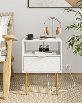 Nightstand with Charging Station, Small Side Table, Modern Night Stand with Drawers, Bedside Table for Bedroom, Living Room End Table, White Diamond
