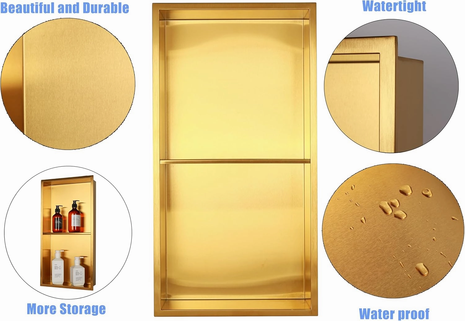 No Tile Needed Shower Niche for Bathroom Storage,Recessed Wall Niche,Double Shelves,Stainless Steel 12"×24" Matte Black (Gold, 24 * 12 in)