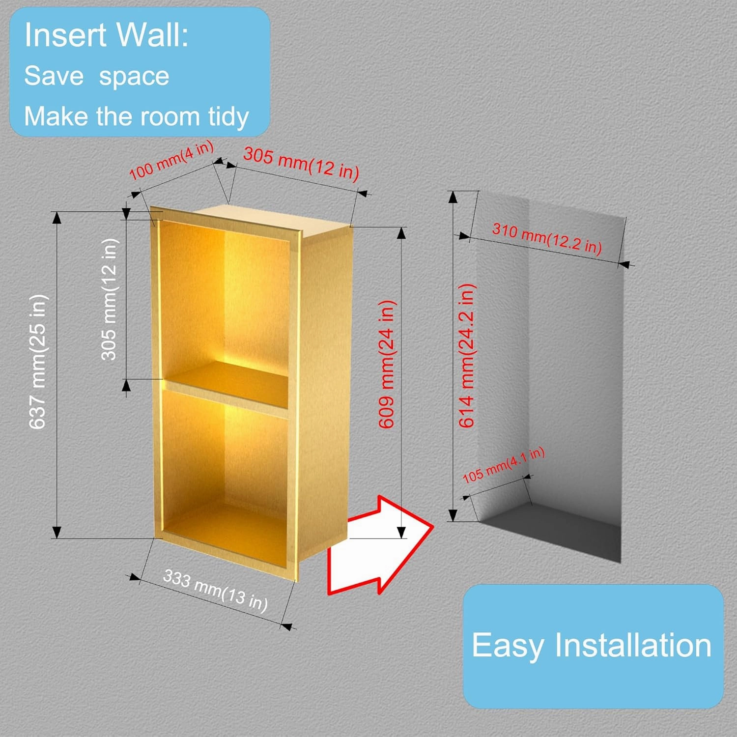 No Tile Needed Shower Niche for Bathroom Storage,Recessed Wall Niche,Double Shelves,Stainless Steel 12"×24" Matte Black (Gold, 24 * 12 in)