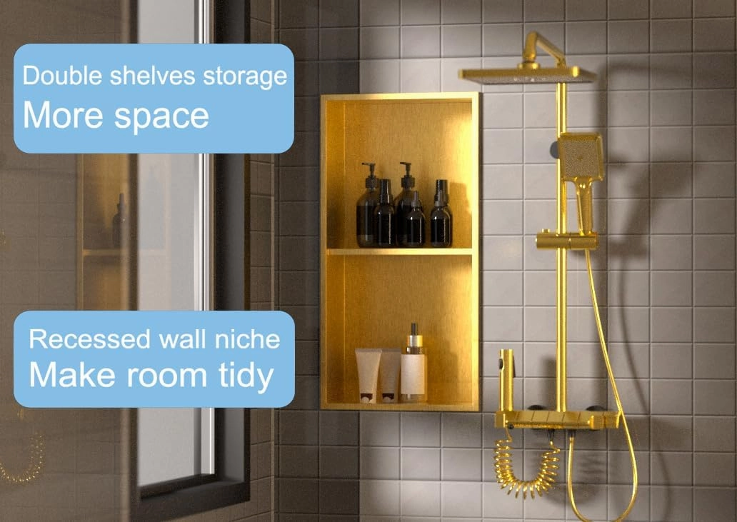 No Tile Needed Shower Niche for Bathroom Storage,Recessed Wall Niche,Double Shelves,Stainless Steel 12"×24" Matte Black (Gold, 24 * 12 in)