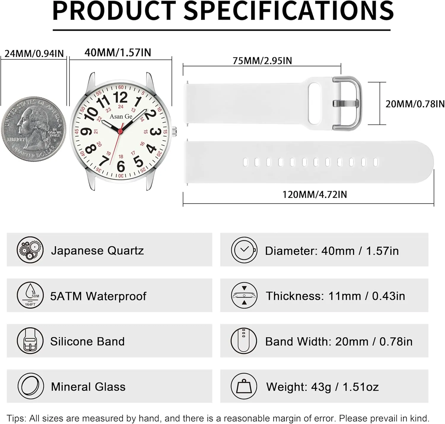 Nurse Watch for Nurse Medical Professionals Students Doctors Women Men Waterproof Watch 24 Hour Military Time Luminouse Easy to Read Dial with Second Hand