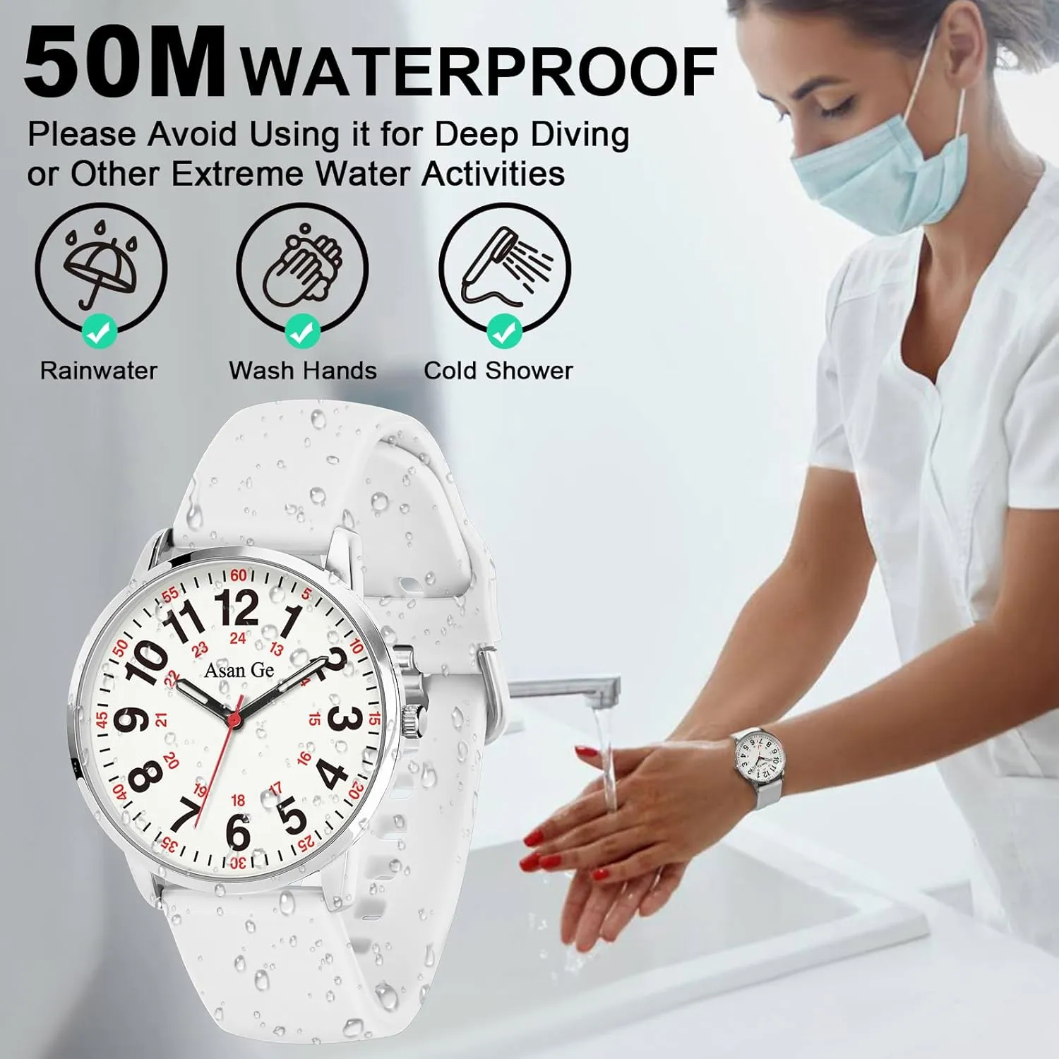 Nurse Watch for Nurse Medical Professionals Students Doctors Women Men Waterproof Watch 24 Hour Military Time Luminouse Easy to Read Dial with Second Hand