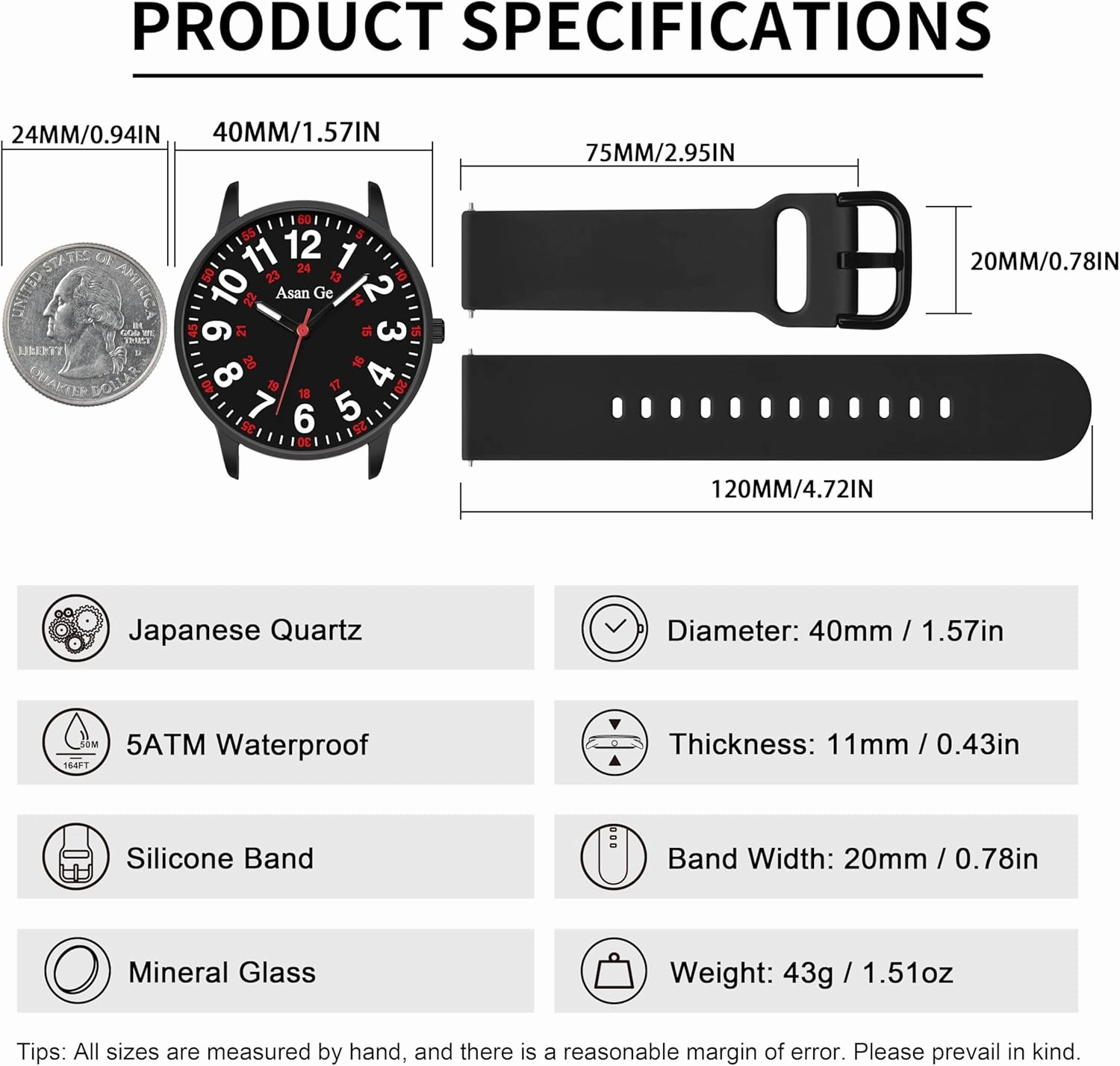 Nurse Watch for Nurse Medical Professionals Students Doctors Women Men Waterproof Watch 24 Hour Military Time Luminouse Easy to Read Dial with Second Hand