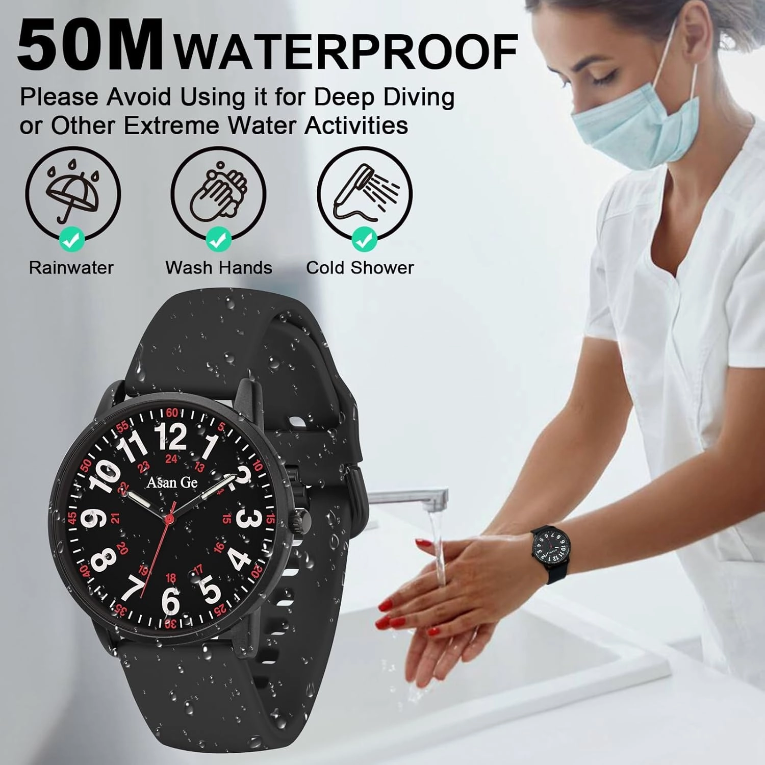 Nurse Watch for Nurse Medical Professionals Students Doctors Women Men Waterproof Watch 24 Hour Military Time Luminouse Easy to Read Dial with Second Hand