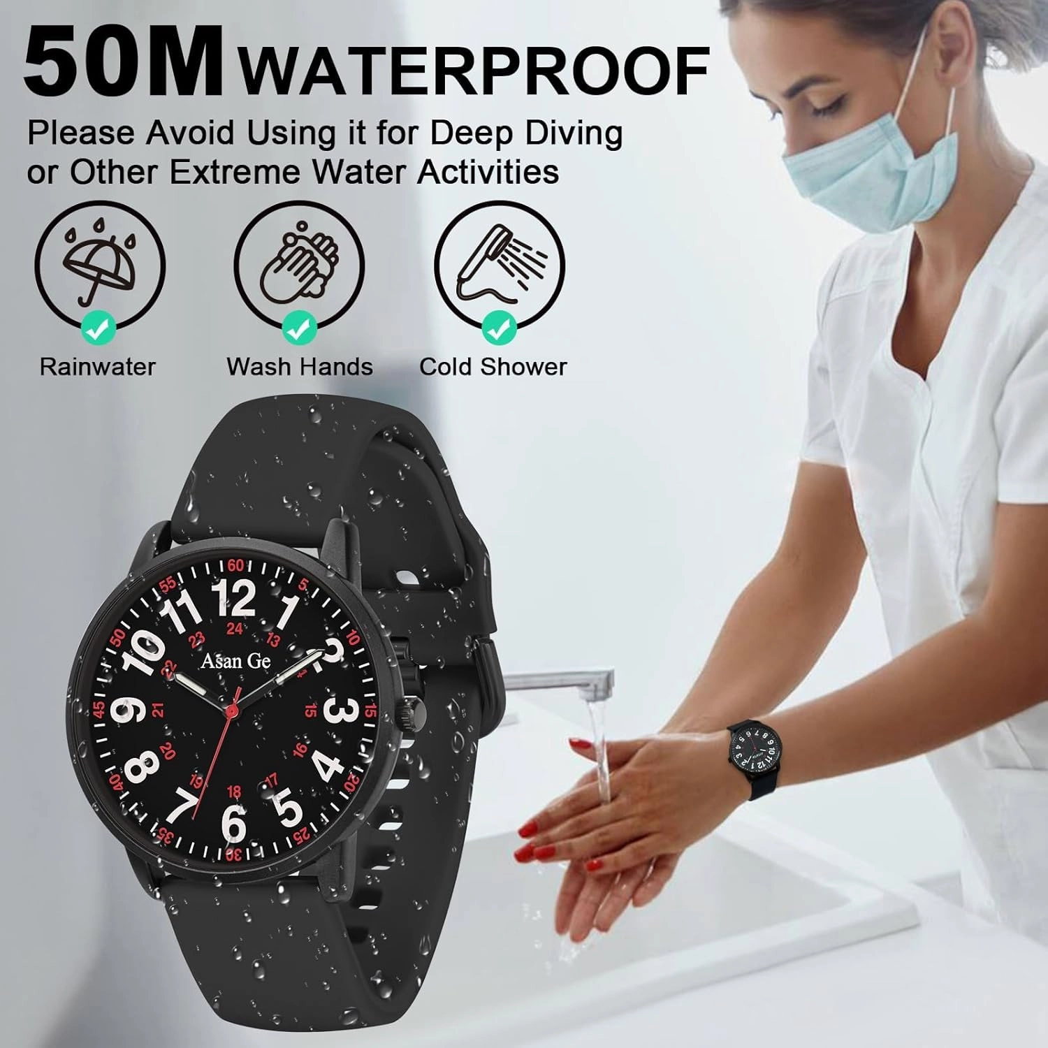 Nurse Watch for Nurse Medical Professionals Students Doctors Women Men Waterproof Watch 24 Hour Military Time Luminouse Easy to Read Dial with Second Hand