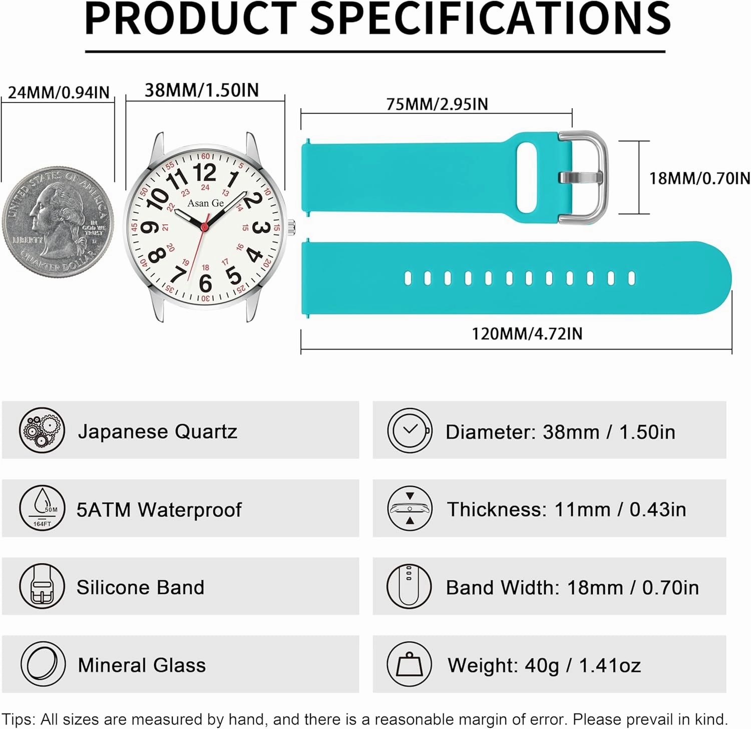 Nurse Watch for Nurse Medical Professionals Students Doctors Women Men Waterproof Watch 24 Hour Military Time Luminouse Easy to Read Dial with Second Hand