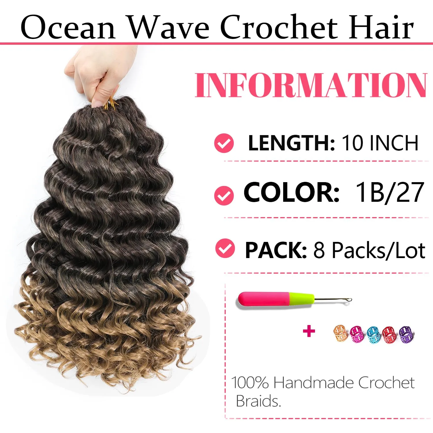 Ocean Wave Crochet Hair 10 Inch 8 packs Deep Wave Crochet Hair Synthetic Curly Crochet Braiding Hair for Black Women (10 Inch, 8 packs, 1B/27#)