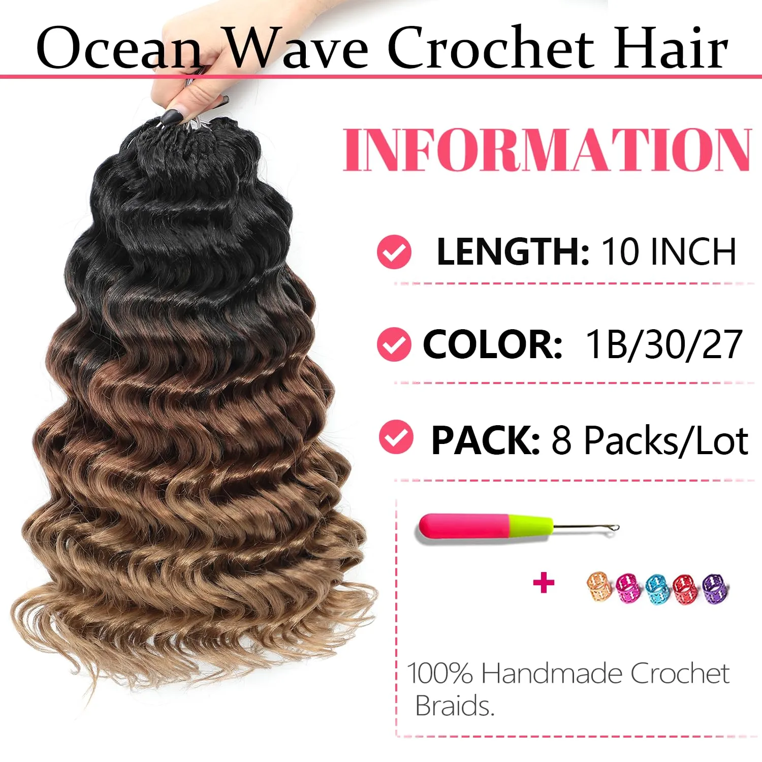 Ocean Wave Crochet Hair 10 Inch 8 packs Deep Wave Crochet Hair Synthetic Curly Crochet Braiding Hair for Black Women (10 Inch, 8 packs, 1B/30/27)