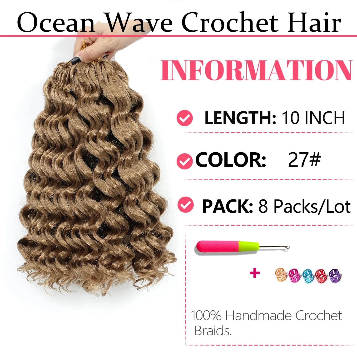 Ocean Wave Crochet Hair 10 Inch 8 packs Deep Wave Crochet Hair Synthetic Curly Crochet Braiding Hair For Black Women (10 Inch, 8 packs, 27#)