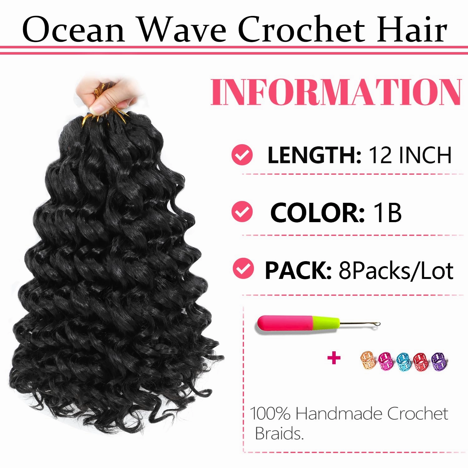 Ocean Wave Crochet Hair 12 Inch 8 packs Deep Wave Crochet Hair Synthetic Curly Braiding Hair Crochet Hair for Black Women (12 Inch, 8 packs, 1B)