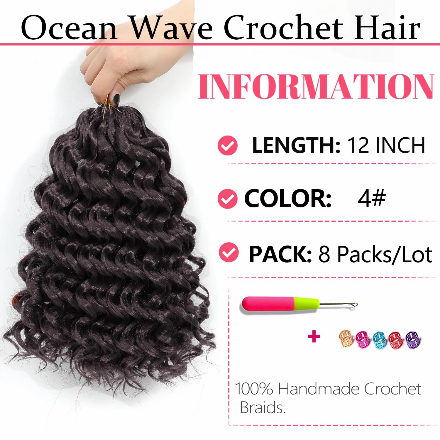 Ocean Wave Crochet Hair 12 Inch 8 packs Deep Wave Crochet Hair Synthetic Curly Crochet Braiding Hair For Black Women (12 Inch, 8 packs, 4#)