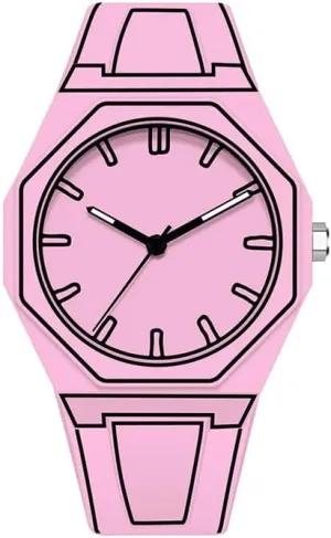 Octagonal Sports Watch, Pink Analog Display, Casual Design