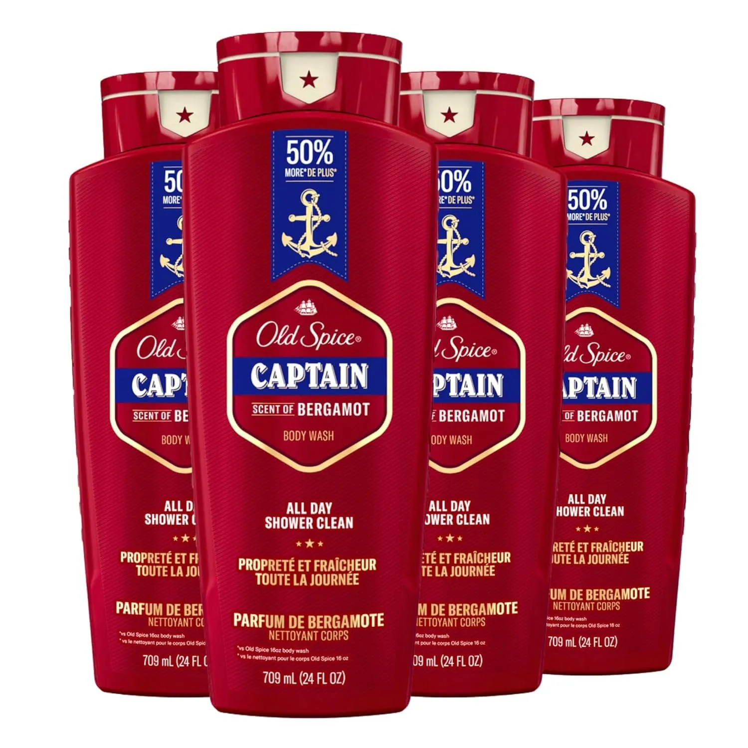 Old Spice Refreshing Body Wash for Men, 3X Defense, 24/7 Shower Fresh with Long Lasting Scent, Red Collection, Captain with Bergamot Scent, 24 oz (Pack of 4)