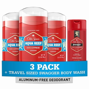 Old Spice Aluminum Free Deodorant for Men, 24/7 Odor Protection, 24/7 Freshness & Lasting Scent, Aqua Reef with Cypress Scent, 3.0 oz with Travel Size Swagger Body Wash (Pack of 4)