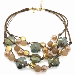 Olive Clover Shape Crystal with Matte Champagne Glazed Agate and Matte Gold Toursade Necklace