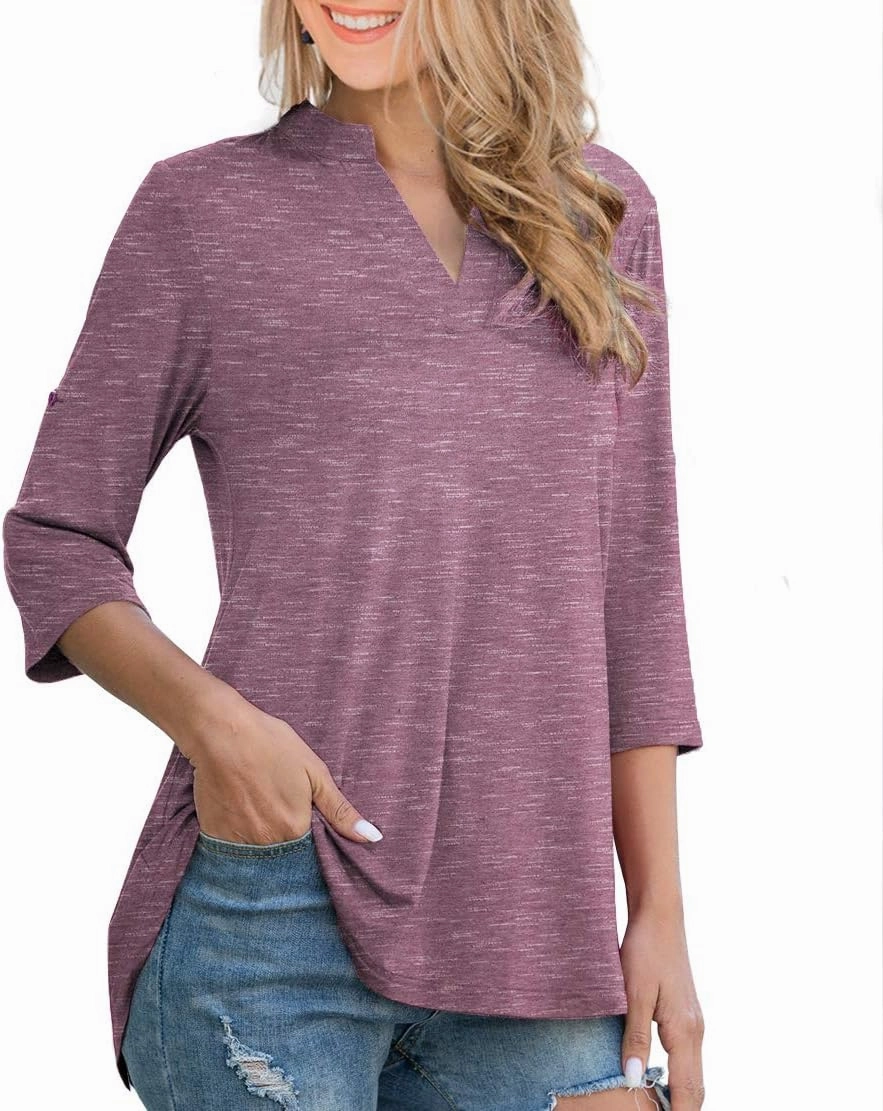Othyroce Womens Floral Printed Tunic Tops 3/4 Roll Sleeve V Neck Blouses Long Sleeve Shirts for Women