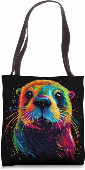 Otter Face Colorful River Sea Animal Art Lover Cute Black Tote Bag