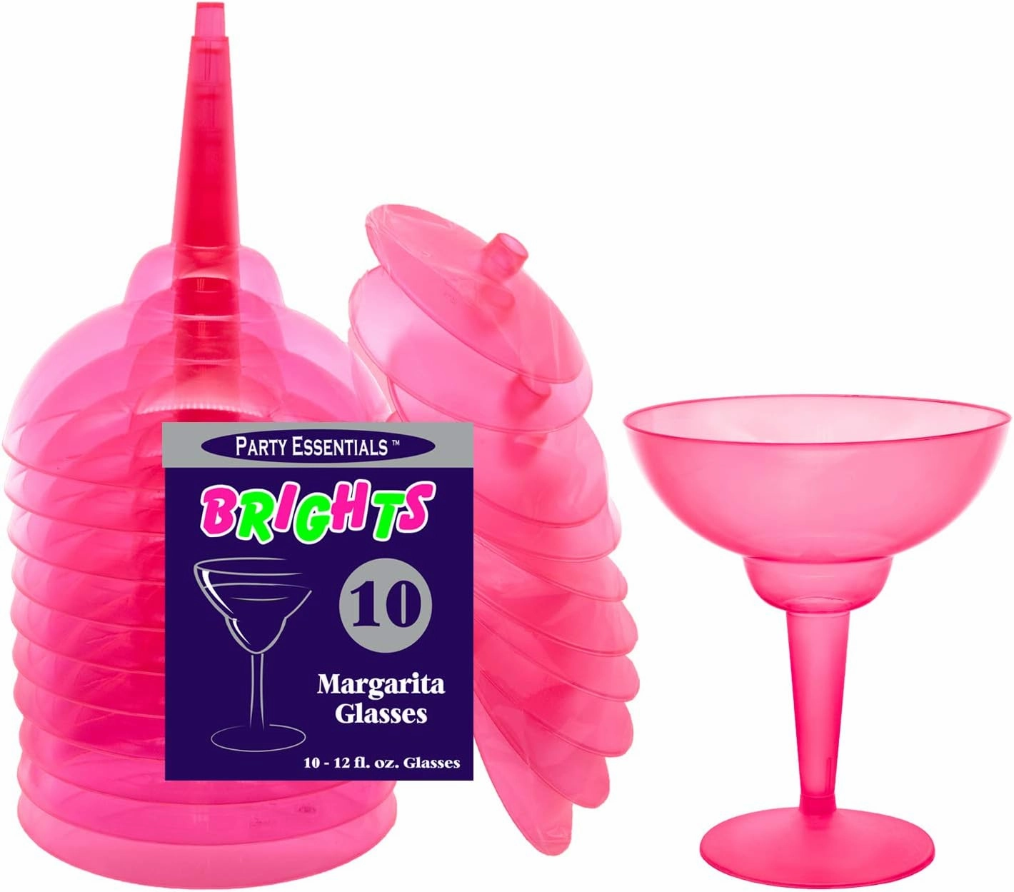 Party Essentials Hard Plastic Two Piece 12-Ounce Margarita Glasses, Neon Pink, 10 Count