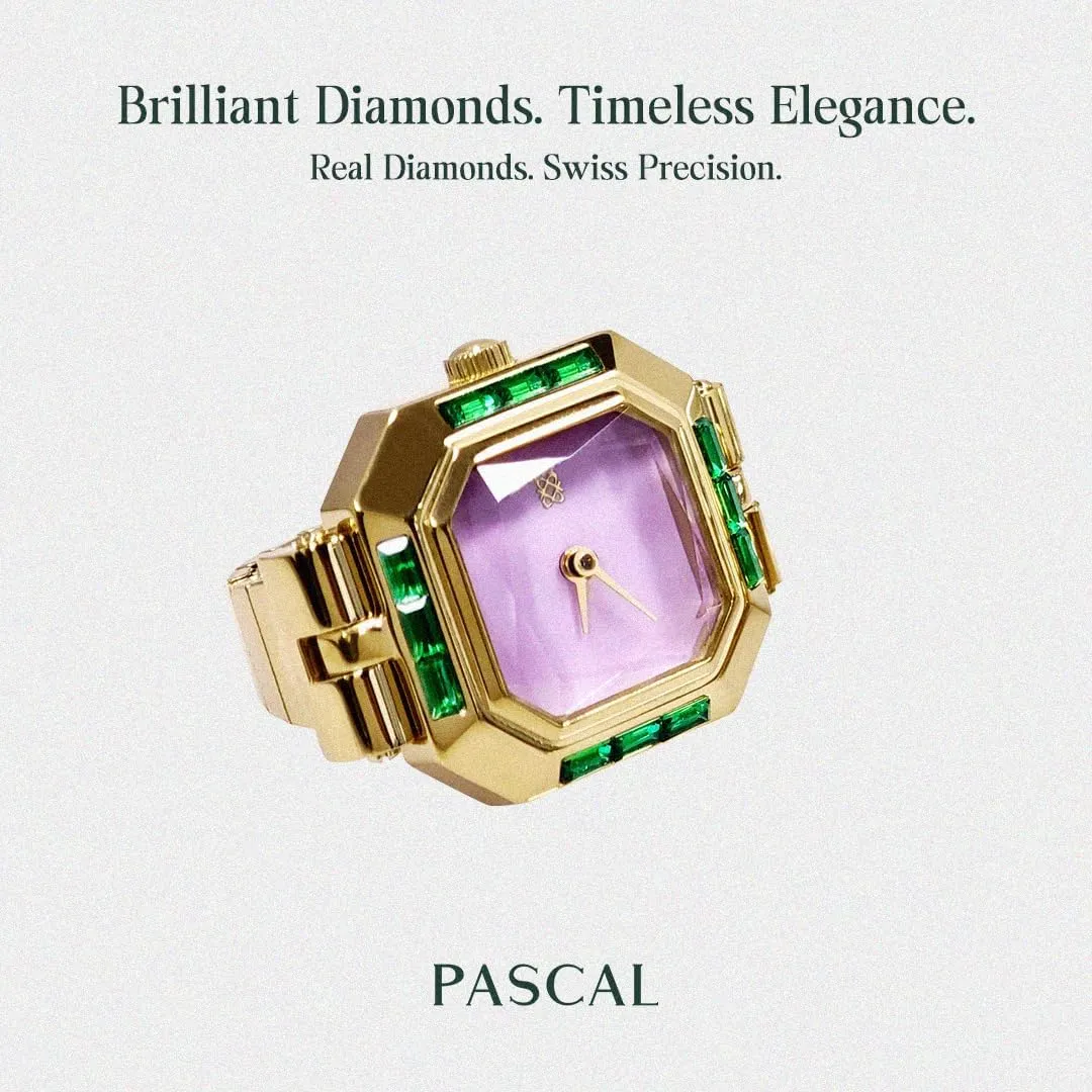 PASCAL Sofia Prism Cocktail Watch Ring, Sugar Cube Gem-Cut Dial, Sapphire Crystal, Stainless Steel Expansion Band, Unisex Finger Watch, Fits US Sizes 6-10, 3ATM Water Resistant, Statement Jewelry Timepiece