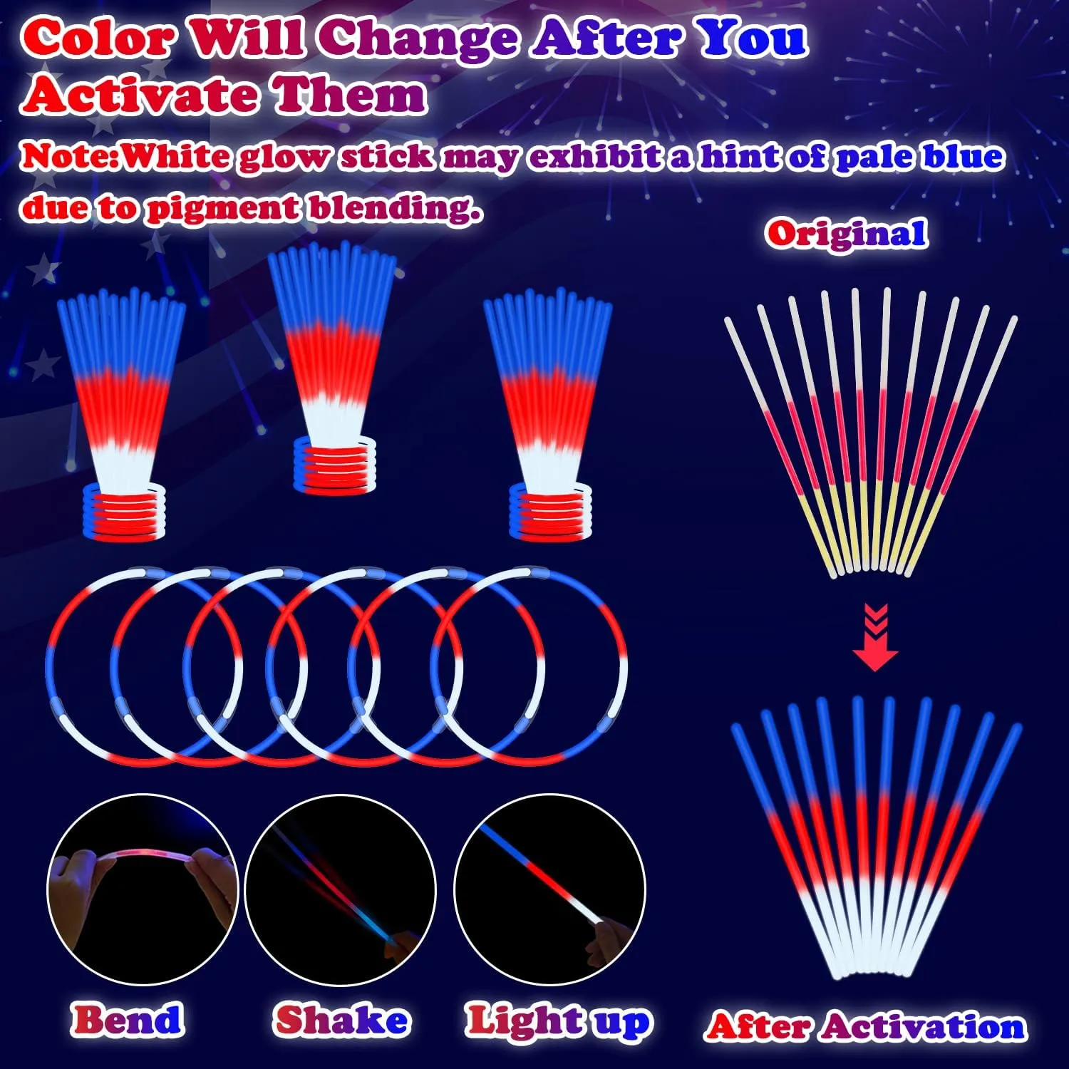 Patriotic Red White Blue Glow Sticks Bulk Party Pack 200 PCS, 4th of July Party Favor Supplies for Kids, Light Up Accessories Gooide Bag Stuffers Decor Toys for Fourth of July, Birthday, Parade Throws
