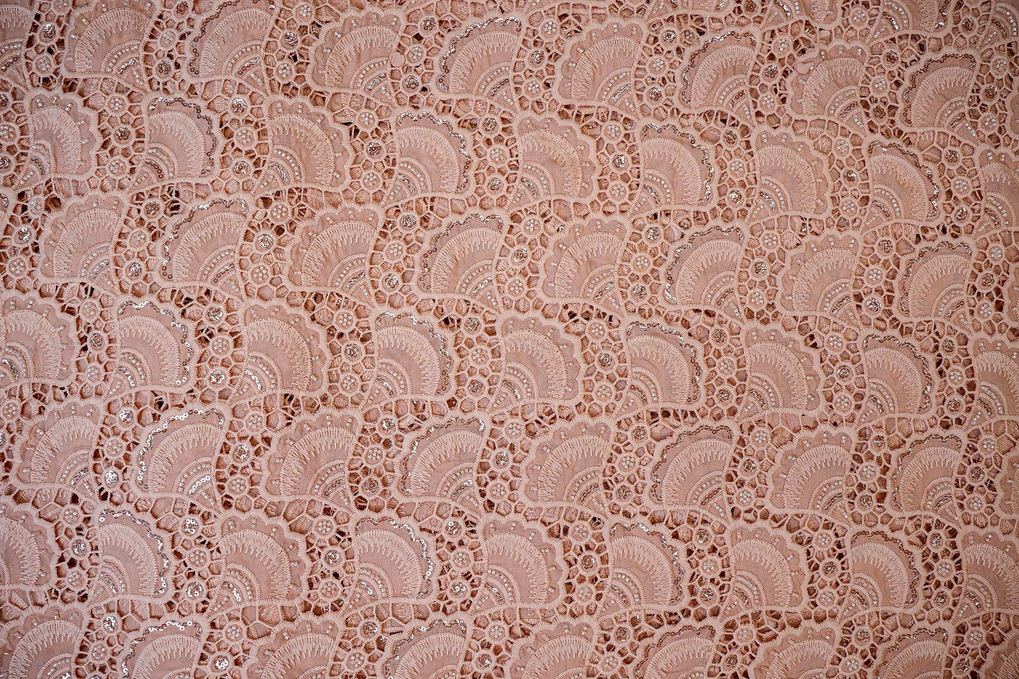 Peach Embroidered Crepe with Handwork , Threadwork, Sequins, and Scallop Border
