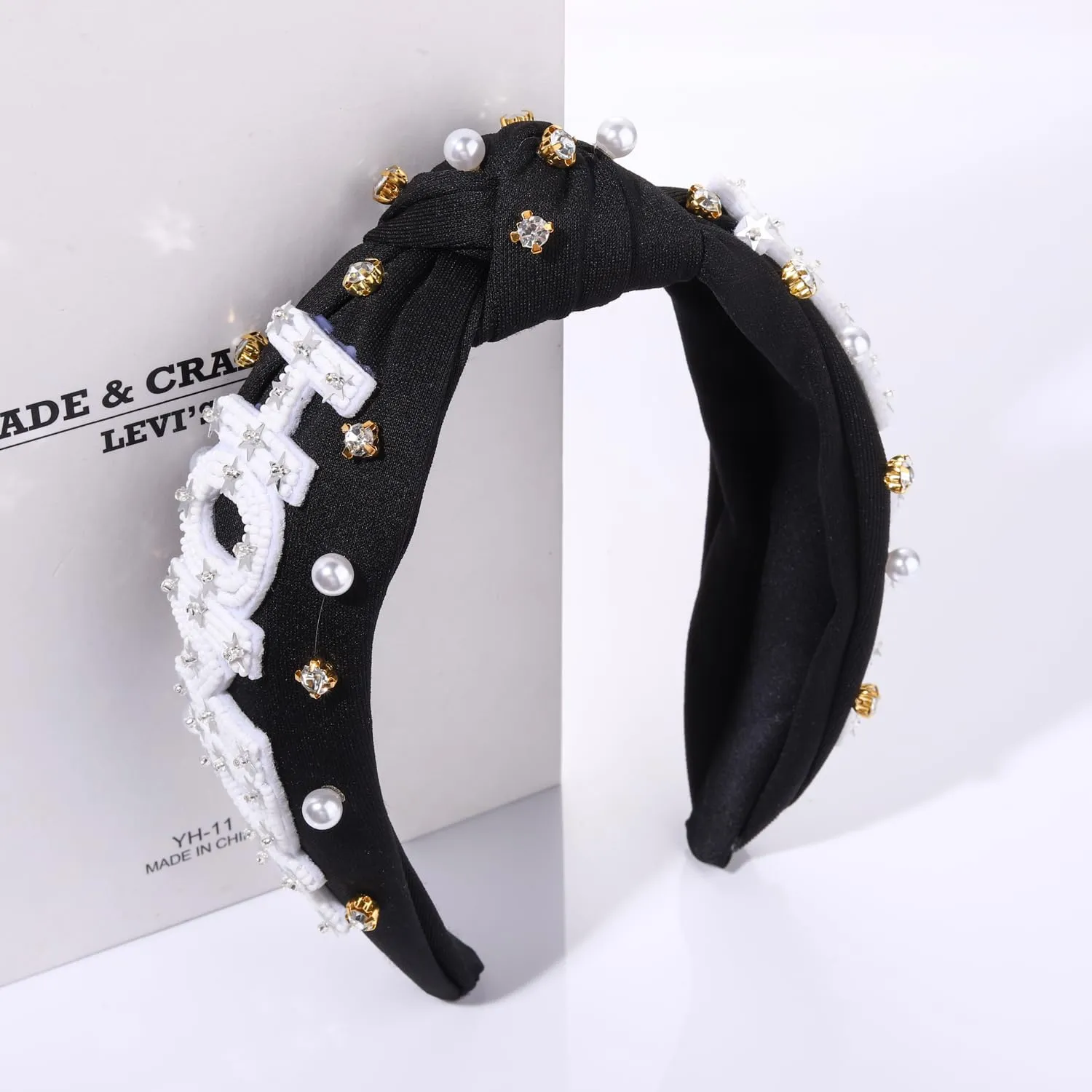 Pearl Rhinestone Knotted Headband Western Country Cowgirl Howdy Twisted Headband Headpiece for Women Girls Sparkle Rhinestone Pearls Sequin Star Top Knot Headband Rodeo Bachelorette Party Hair