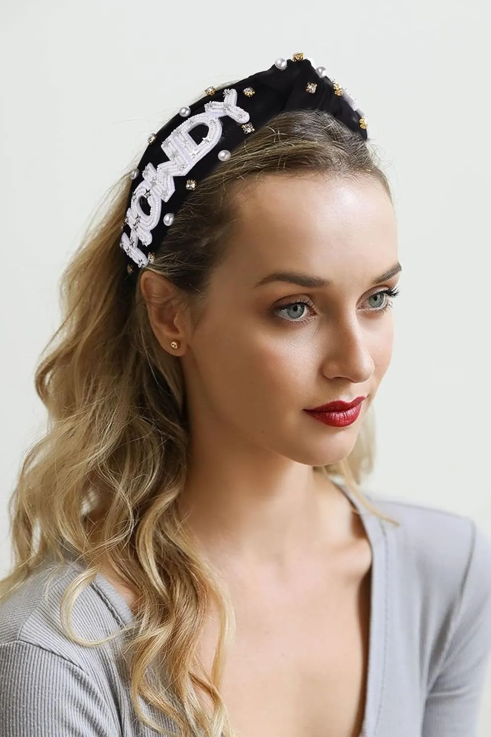 Pearl Rhinestone Knotted Headband Western Country Cowgirl Howdy Twisted Headband Headpiece for Women Girls Sparkle Rhinestone Pearls Sequin Star Top Knot Headband Rodeo Bachelorette Party Hair