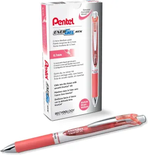 Pentel EnerGel RTX Retractable Liquid Gel Ink Pen, (0.7mm) Medium line, Coral Pink Ink, Box of 12 Pens (BL77-P3)