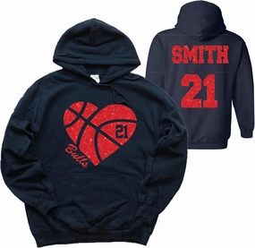Personalized Glitter Design Basketball Heart Design Unisex Heavy Cotton Blend Hoodie Sweatshirt Team Spirit Wear Hoops Mom - HRT.18500.NVY/RED