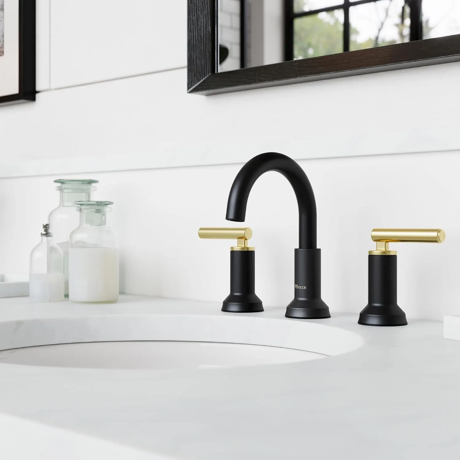 Pfister Capistrano Bathroom Sink Faucet, 8-Inch Widespread, 2-Handle, 3-Hole, Matte Black and Brushed Gold Finish, LF049CSOBBG
