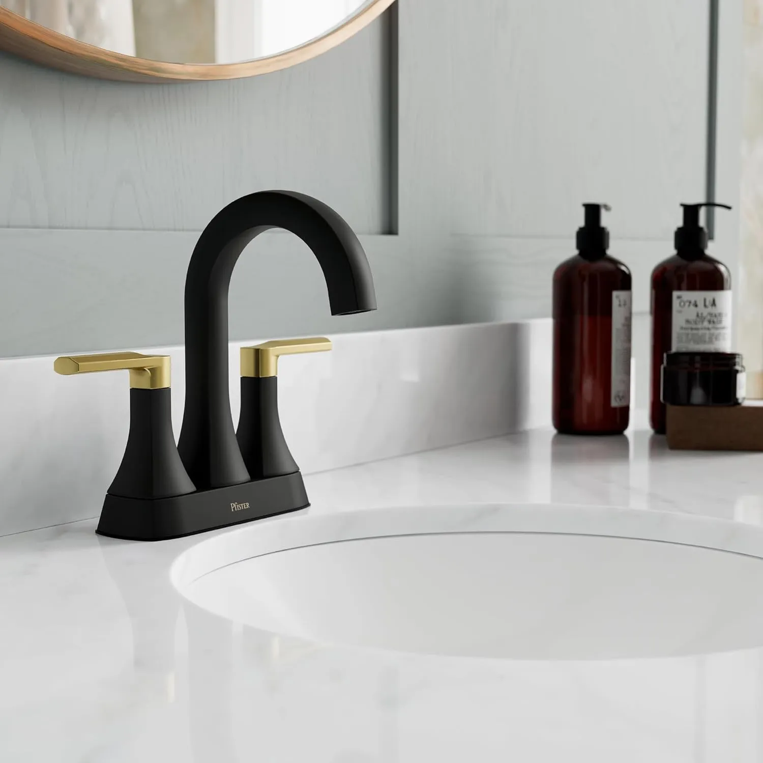 Pfister Vaneri Bathroom Sink Faucet, 4-Inch Centerset, 2-Handle, 3-Hole, Matte Black and Brushed Gold Finish, LF048VRIBBG