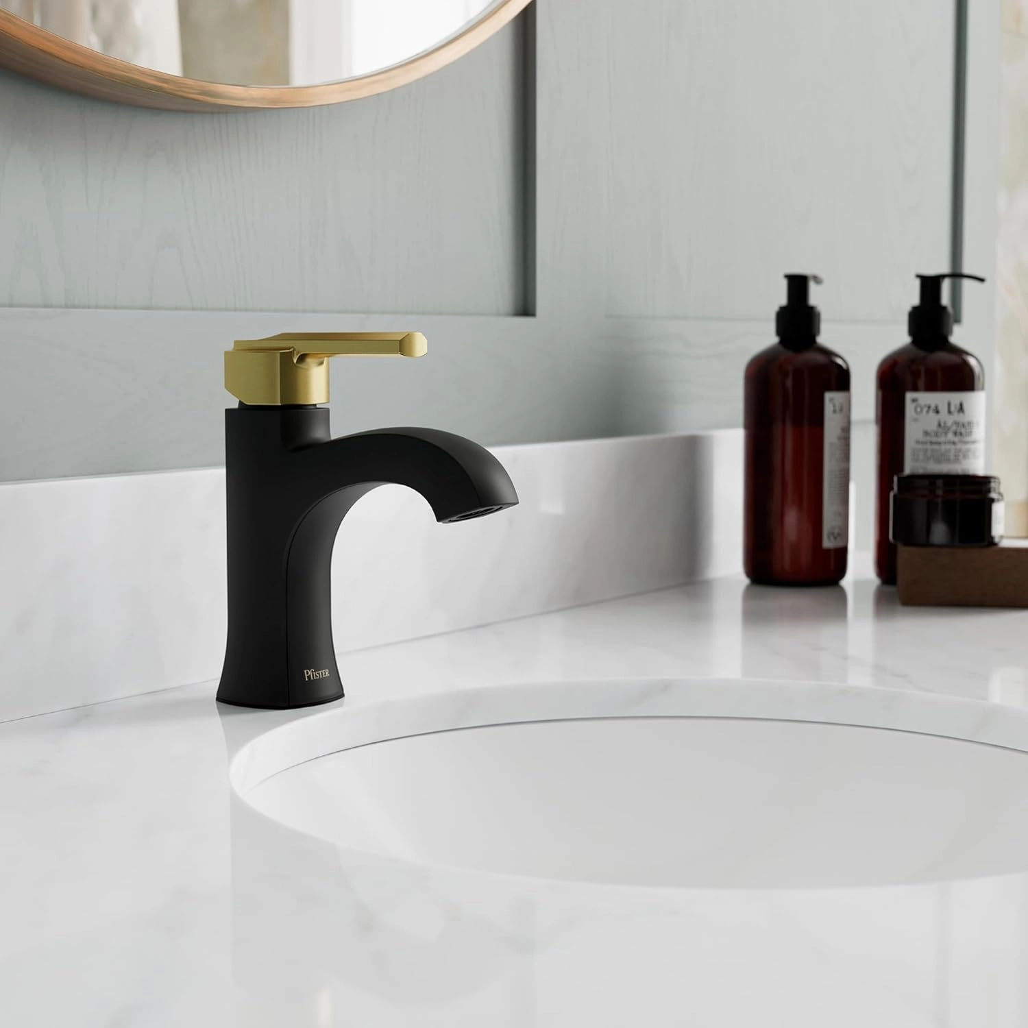 Pfister Vaneri Bathroom Sink Faucet, Single Control, 1-Handle, Single Hole, Matte Black and Brushed Gold Finish, LF042VRIBBG