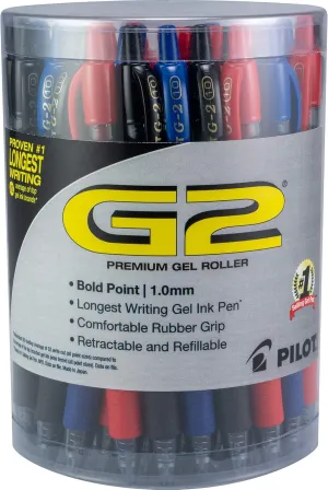 Pilot, G2 Premium Gel Roller Pens, Bold Point 1 mm, Tub of 36, Black, Blue, Red
