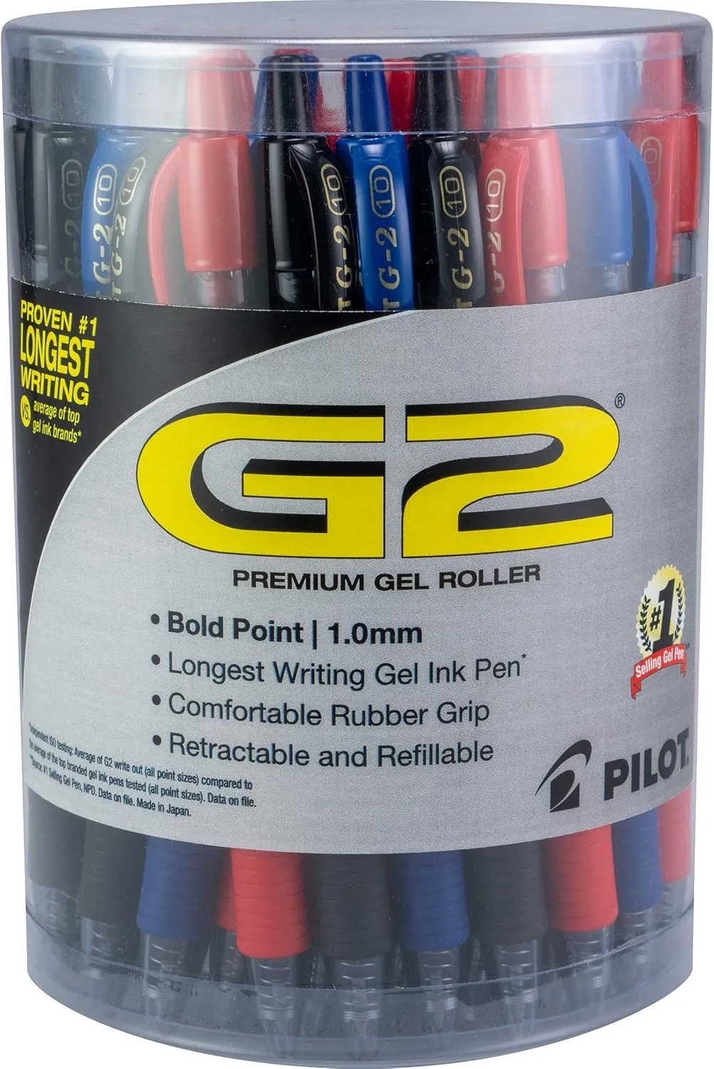 Pilot, G2 Premium Gel Roller Pens, Bold Point 1 mm, Tub of 36, Black, Blue, Red