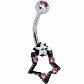 Pink and Clear Gem Star Over Black Star Belly Ring