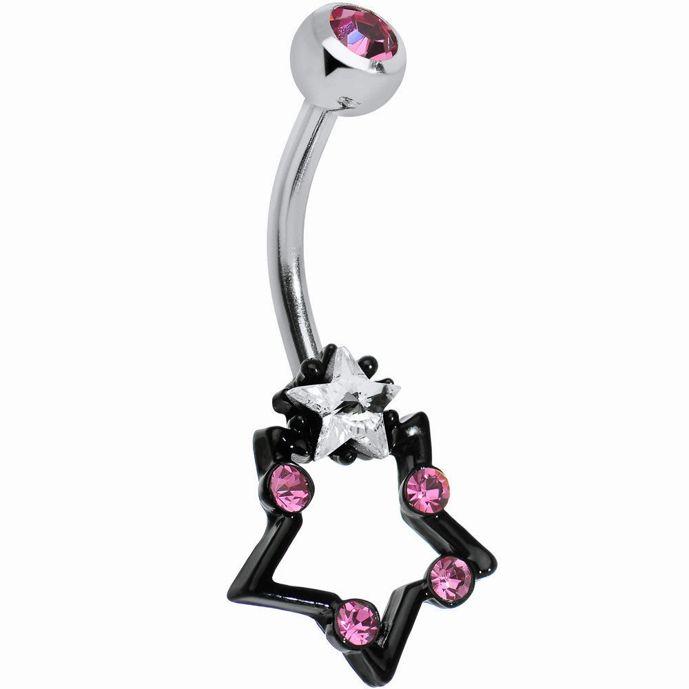 Pink and Clear Gem Star Over Black Star Belly Ring