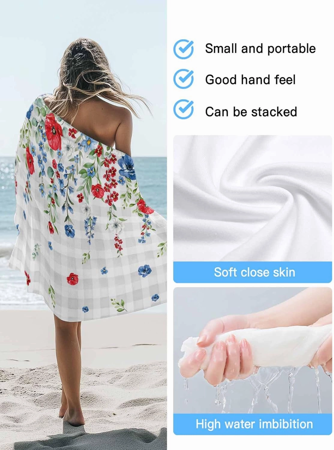 Pink Blue Flowers Beach Towels Microfiber Sand Free Quick Dry Travel Towels Soft Absorbent Lightweight Independence Day Floral on Check Beach Towel for Men Women Swimming Pool,Vacation,30X60IN