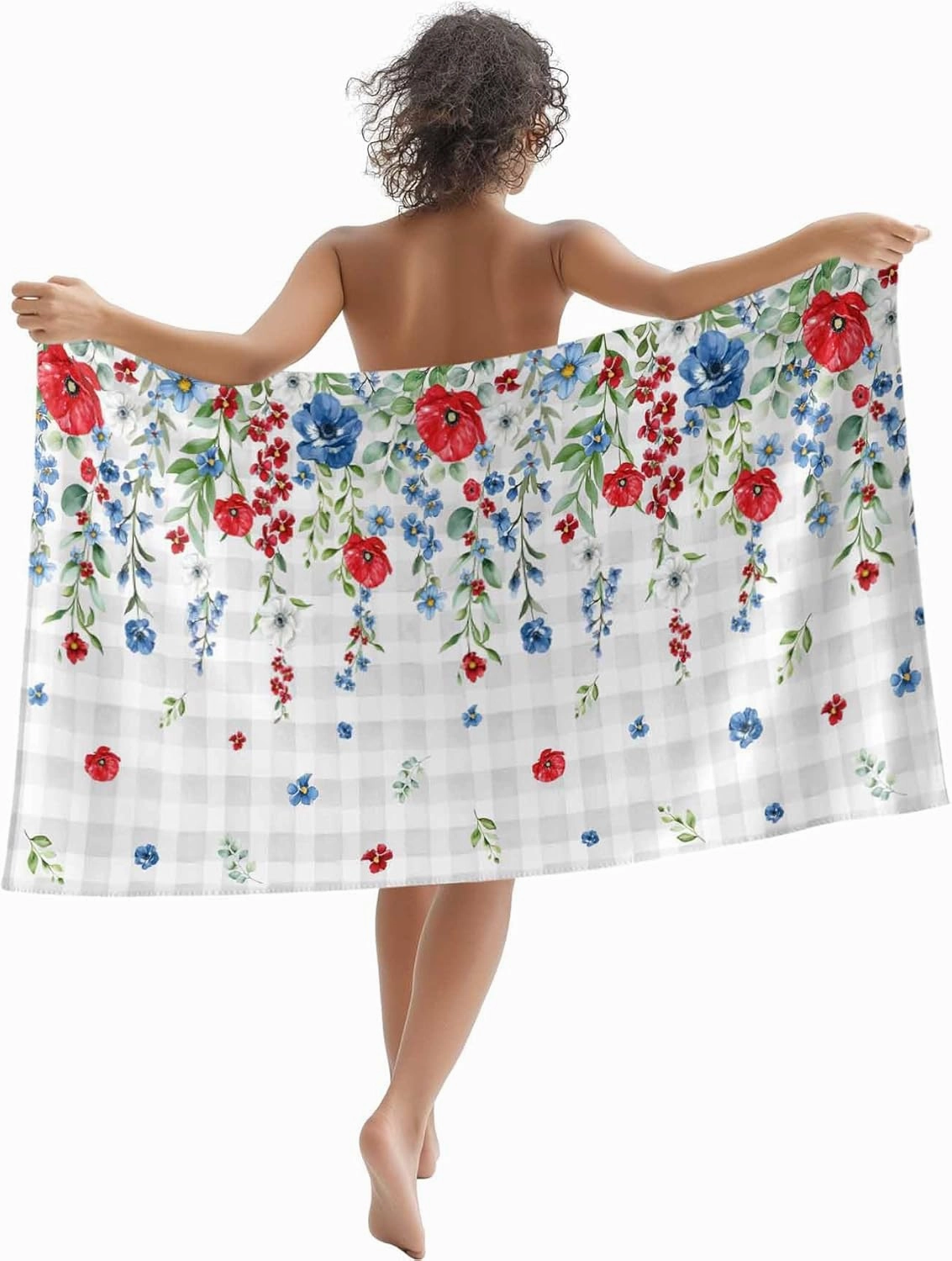 Pink Blue Flowers Beach Towels Microfiber Sand Free Quick Dry Travel Towels Soft Absorbent Lightweight Independence Day Floral on Check Beach Towel for Men Women Swimming Pool,Vacation,30X60IN