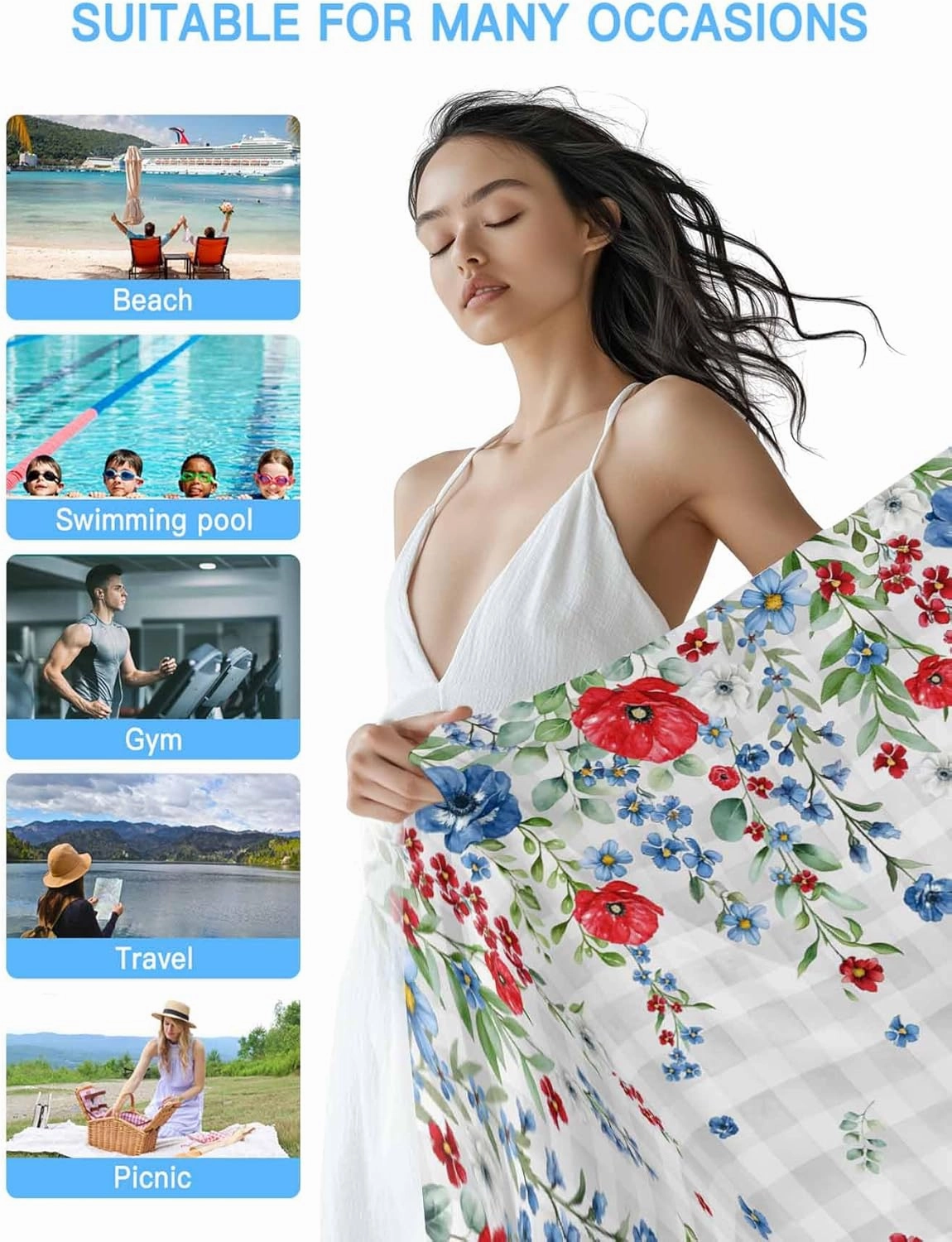 Pink Blue Flowers Beach Towels Microfiber Sand Free Quick Dry Travel Towels Soft Absorbent Lightweight Independence Day Floral on Check Beach Towel for Men Women Swimming Pool,Vacation,30X60IN
